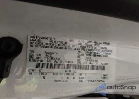 2014 Ford Focus Se z USA, uszkodzony, nr VIN 1FADP3K26EL455606